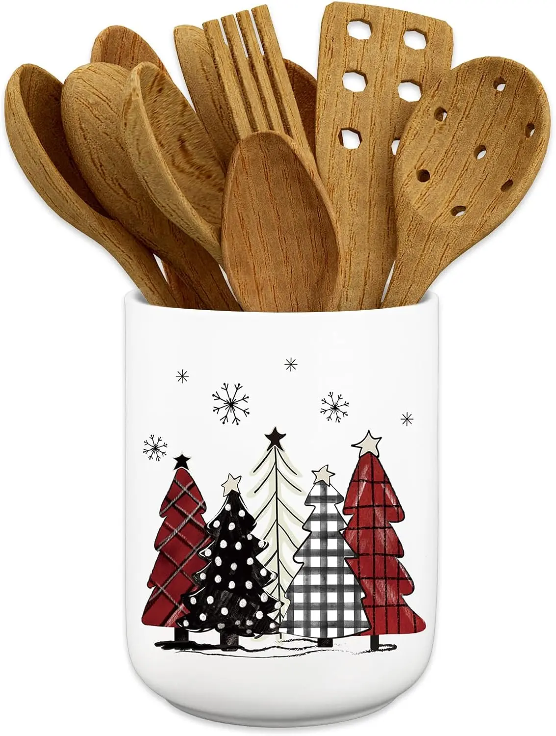 Christmas Ceramic Utensil Holder Red Black White Plaid Xmas Tree Utensil Crock for Winter Home Kitchen Countertop Storage Organizer Container