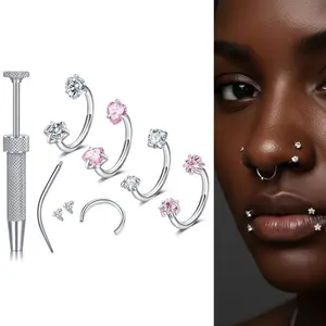 20G/18G Horseshoe Nose Hoop Internally Threaded with Gems Cartilage Earrings Nose Ring Septum Piercing Jewelry Set with Free Piercing Taper Ball Grabber 8mm