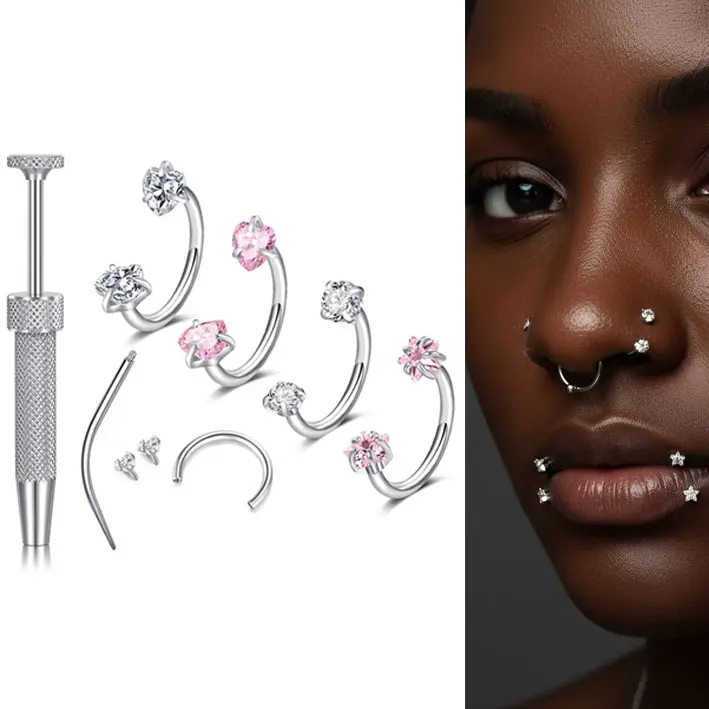 20G/18G Horseshoe Nose Hoop Internally Threaded with Gems Cartilage Earrings Nose Ring Septum Piercing Jewelry Set with Free Piercing Taper Ball Grabber 8mm