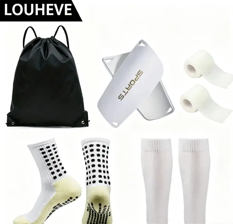 LOUHEVE Football Sports 5-Piece Equipment Set - Silicone Grip Socks, Knee Pads, Protective Gear, Drawstring Backpack, Sports Tape for Football Matches