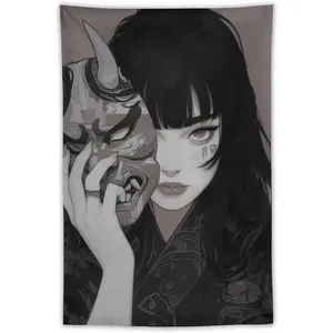 Japanese Female Samurai Tapestry Anime Girl Samurai Wall Art Cool Asian Japanese Wall Decor for Bedroom Home Office Living Room Decor for Men and Woman Wall Hanging Tapestries