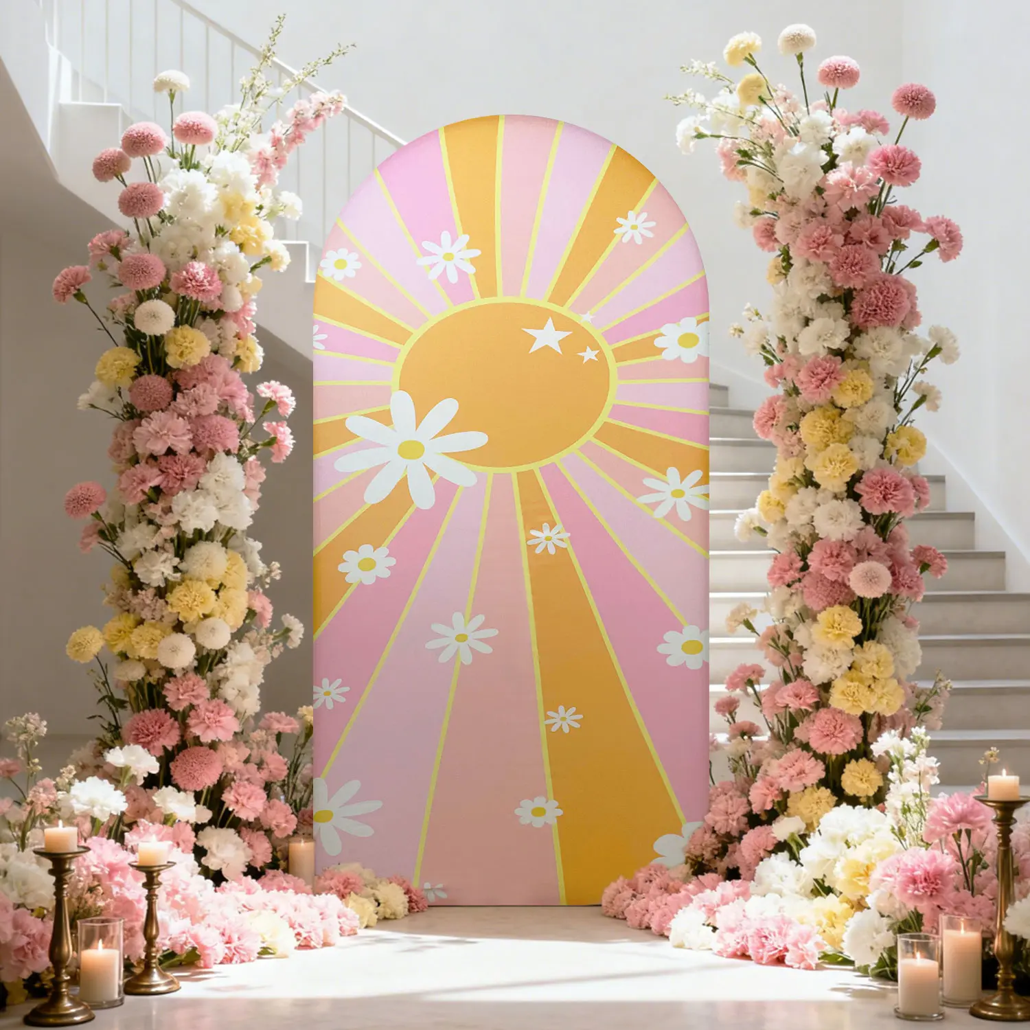 High-Quality Print Polyester Retro Boho Sun & Daisy Arch Cover - Reversible Pink Groovy Sunburst Photo Backdrop Banner, Easy Install, Fade Resistant for Birthday, Baby Shower, Hippie-Themed Events, Sohochic Home Supplies