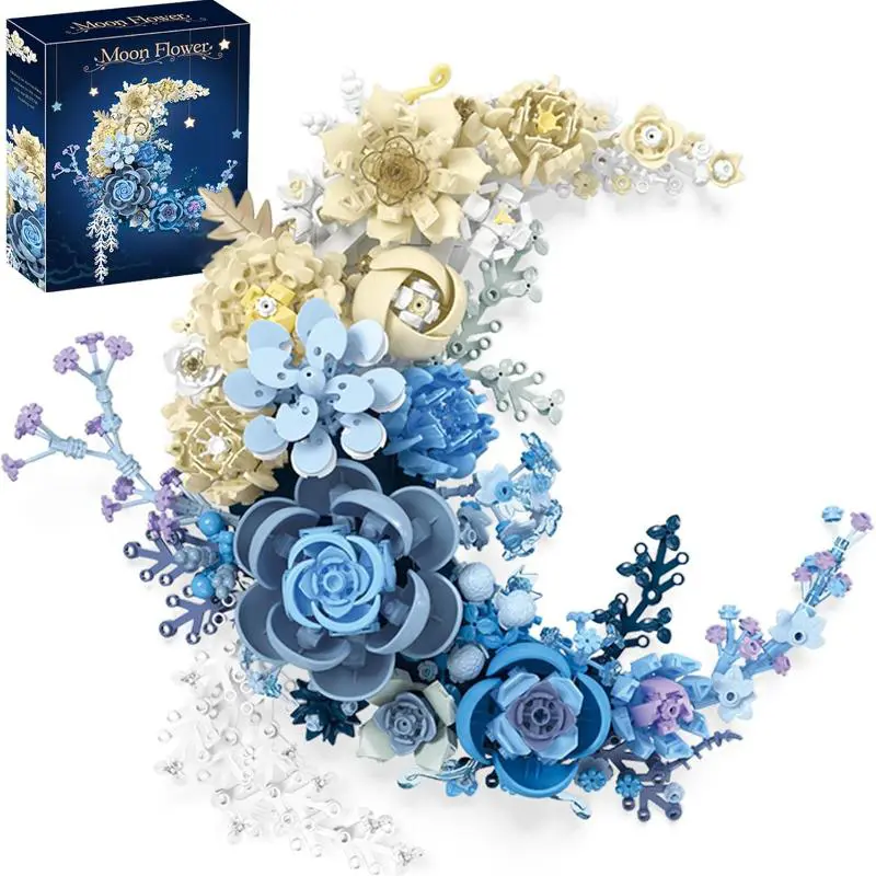 Blue Moon Flower Building Blocks Set, Adult Creative Gift Ornament Home Decor DIY 3D Flower Botanical Blocks toy Model, Botanical Collection Kit for mom / Girls, Crescent Moon Floral Wall Art, Mother's Day/ birthday/Christmas/Valentines Gift, 934PCS