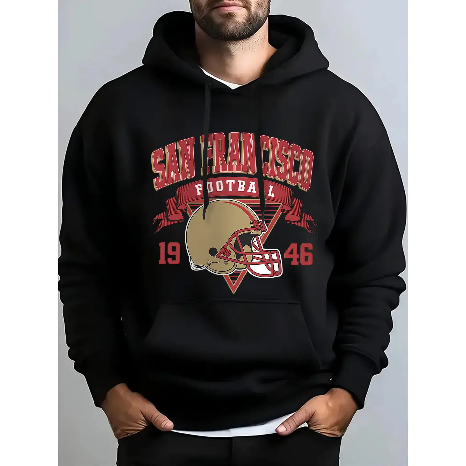 [Football Print Hoodie] Casual Letter Print Hoodie Sweatshirt - Classic San Francisco Football Print, Loose Fit, Non-Stretch, Hand Washable, Kangaroo Pocket