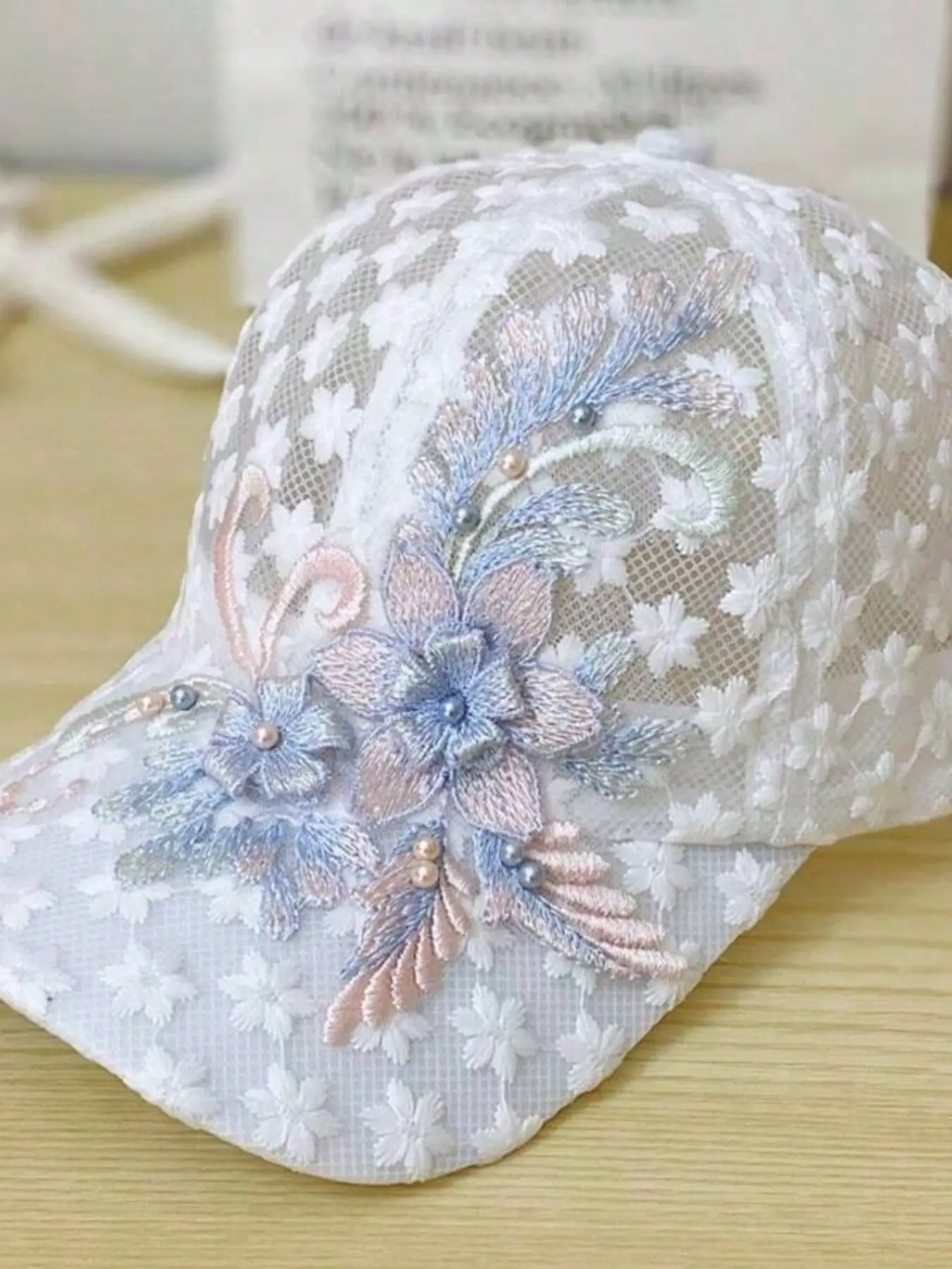 Cottagecore Floral Embroidered Baseball Cap for Women | Aesthetic White Beads Lace Hat, Trendy Coquette Party Bonnet for Summer Outfits, Embroidered Caps