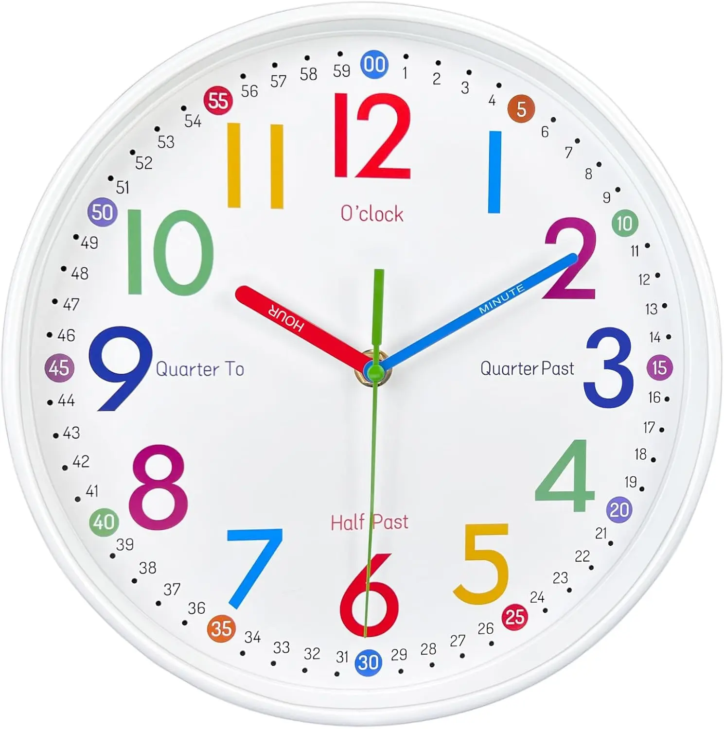 Learning Clock for Kids - Telling Time Easily, Non-Ticking, Battery Operated, Silent, Colorful Teaching Time Clock - Decorative for Kids Room, Classroom, School Playroom (8 Inch)