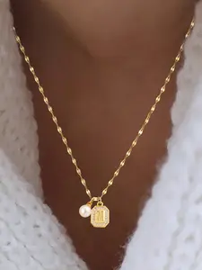 Women's Elegant Stainless Steel Pendant Necklace, Classic Block Letter Faux Pearl Lip Chain, All Seasons Jewelry