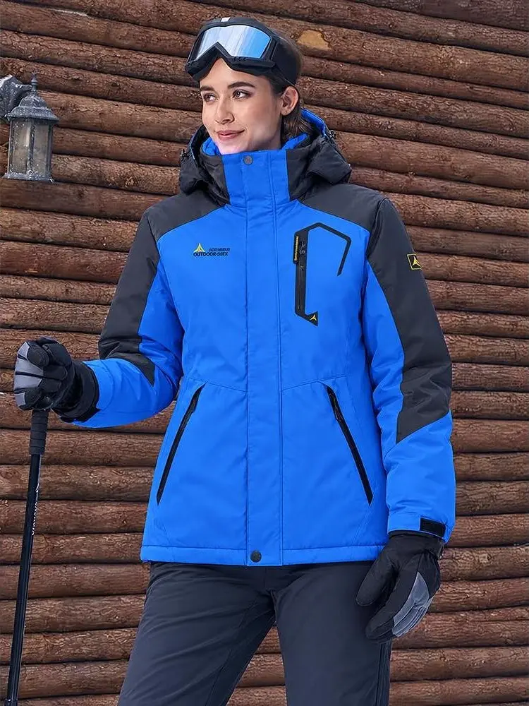 Women's Y2K Vintage Color Block Blue Ski Jacket, Sizes S-4XL, Waterproof, Windproof, Fleece-Lined, Thick, Winter Warm, Detachable Hood, Outdoor Hiking Snowboard Outerwear Coat