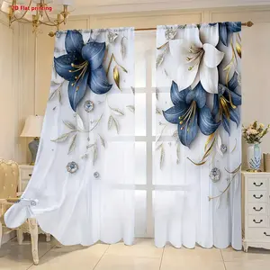 Elegant Blue Lily Curtains 2pcs, Golden Color Details, Semi Transparent Polyester, Rod Pocket Design, Living Room & Bedroom Decor, Home Decoration Curtain