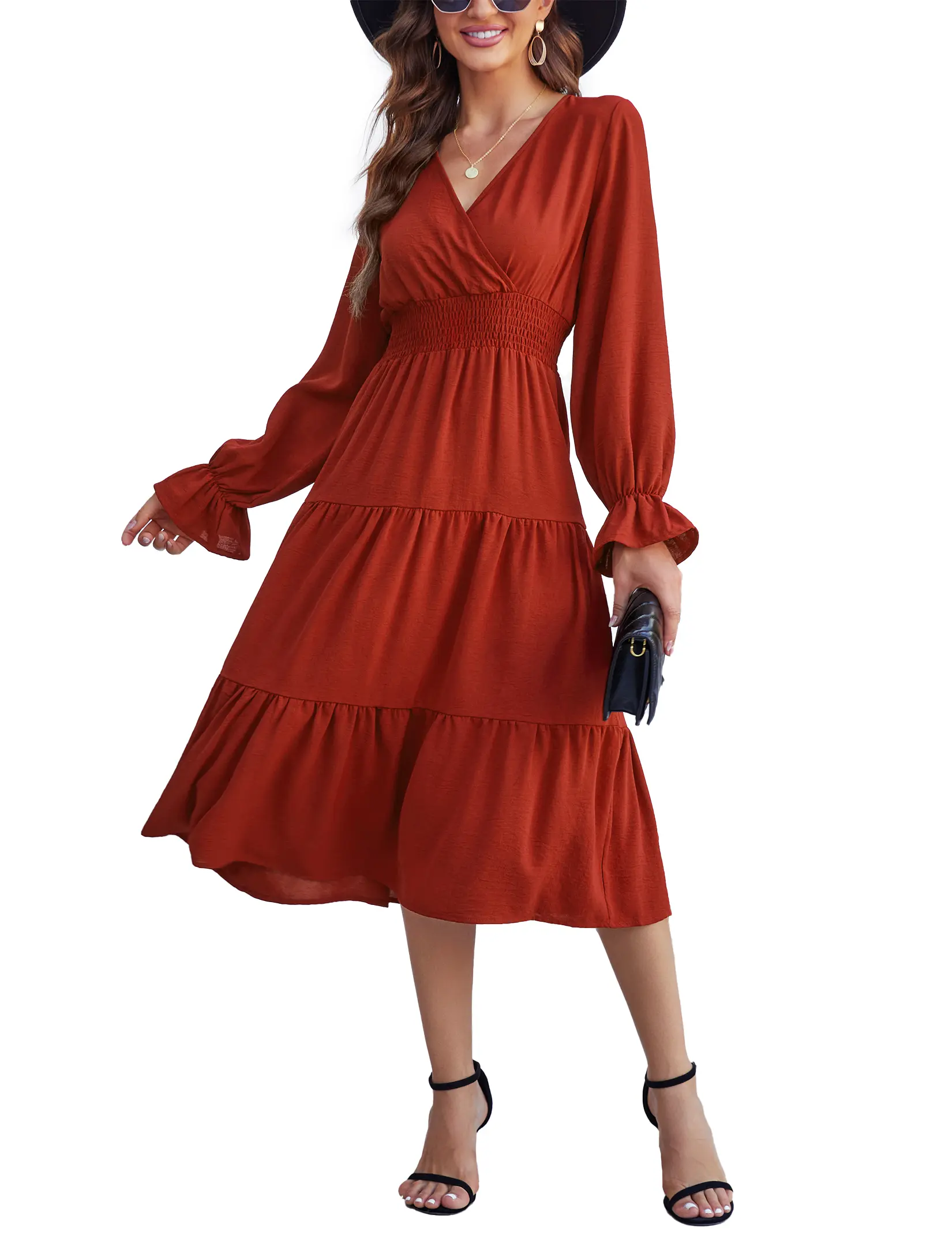 YESFASHION Final Clearance! V-Neck Smocked Tiered Midi Dress | Limited Stock XYZ