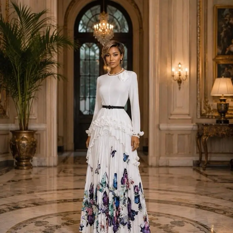 Women's Elegant Flowy Pleated Chiffon Midi Dress - Long Sleeves, High Neck, Floral Detail, Chic, Comfortable, Well-Fitted, Ideal for Wedding Guests, Dinners, Elegance, Longsleeves, Sweet, True To Size