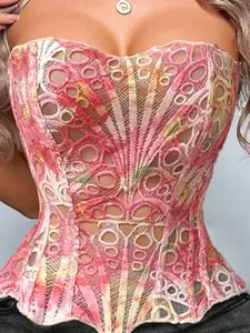 Women's Boned Corset Top with Geometric Lace Overlay & Adjustable Drawstring, Double Layer Shaping Bodice, Front Zipper Closure, Cinching Waist for Timer Figure, Vintage Style, Special Occasion Wear, Bridal, Formal, Underwear, Womenswear