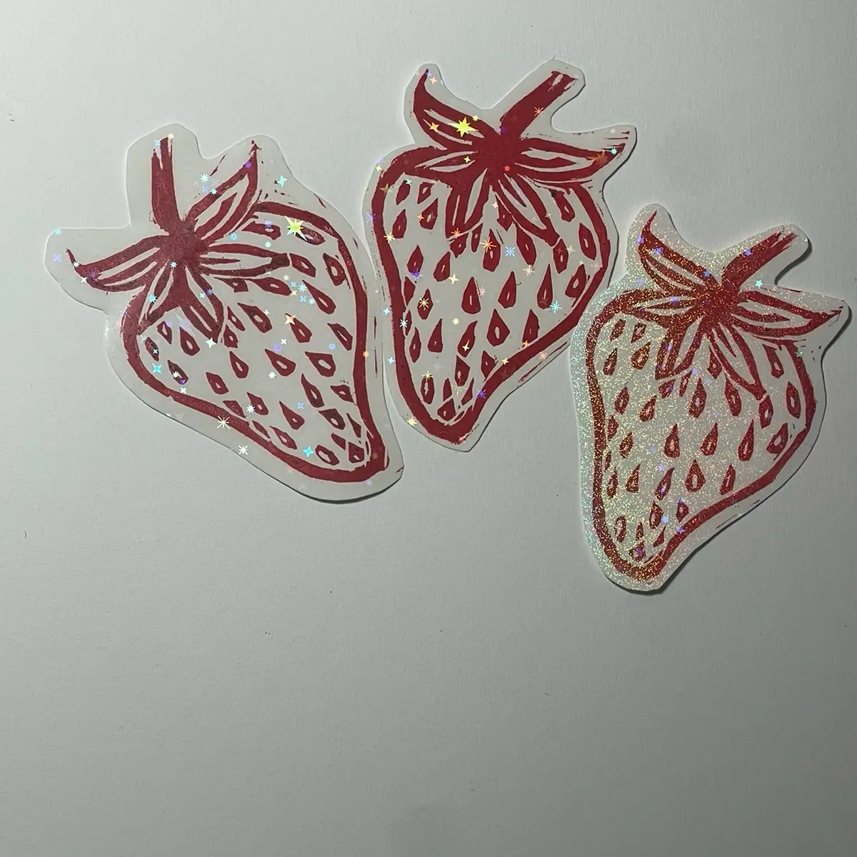 Hand Stamped 3inch Holographic strawberry Sticker
