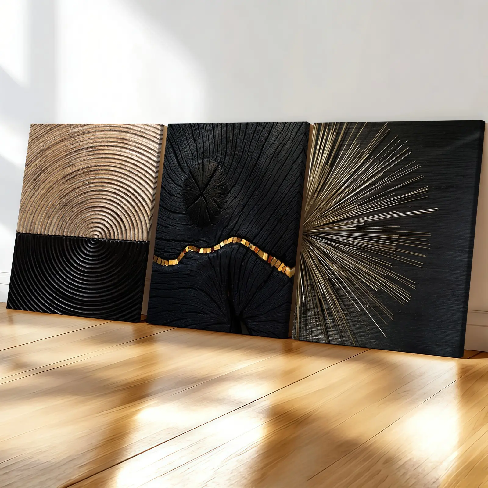 3-count woodblock canvas, light luxury black and gold texture Artistic art poster, abstract art poster, modern art living room wall decoration, fashionable family poster, suitable for bedrooms, offices, corridor art, Wooden Wall Art