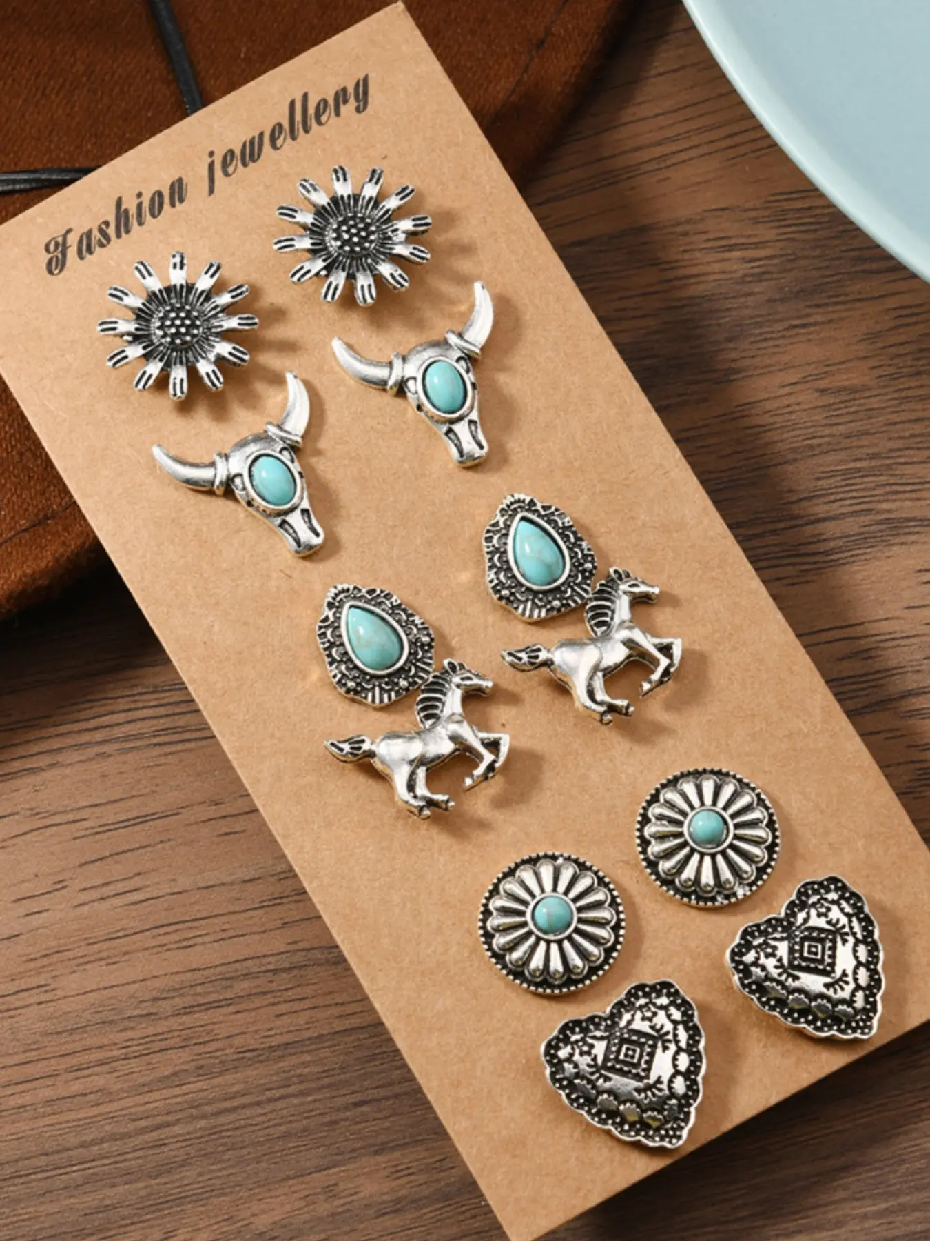 New Boho Style Bohemian Ethnic Pattern Alloy Turquoise Earrings Complete Set for Men and Women, 6 Pairs Unisex Fashion Jewelry, Trendy Aesthetic Accessory for All Occasions