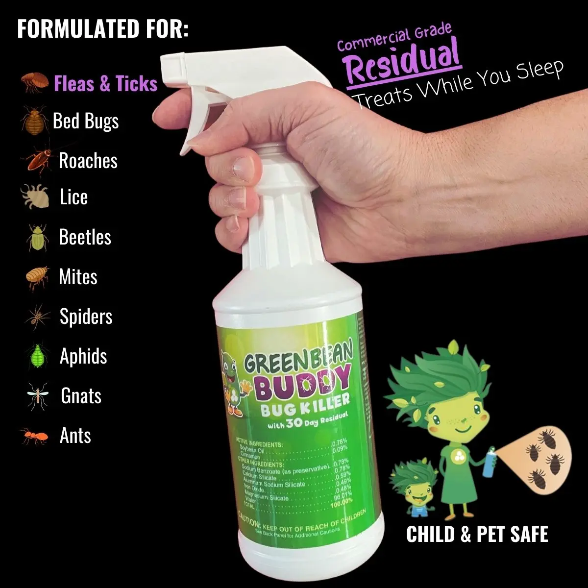 Green Bean Buddy - Flea Spray & Tick Killer With Residual Prevention, 32oz