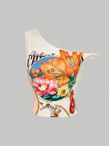 Women's Y2K Floral Print One-Shoulder Short Top, Vintage Street Style Vest, Casual Fitted Summer Fashion, All Seasons Wear, Daily Wear