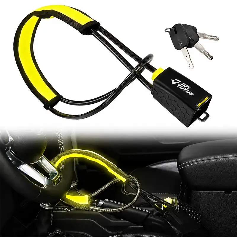 JOYTUTUS Heavy Duty Anti-Theft Steering Wheel Lock with 3 Keys - 5mm Steel Wire Cable Compatible, Rust-Resist PVC, Metal Build, Quick Install, Universal Fit for Cars, Trucks, SUVs, Locks Wheel+Seat, Deters Thieves, Car Accessories,toolupgrade