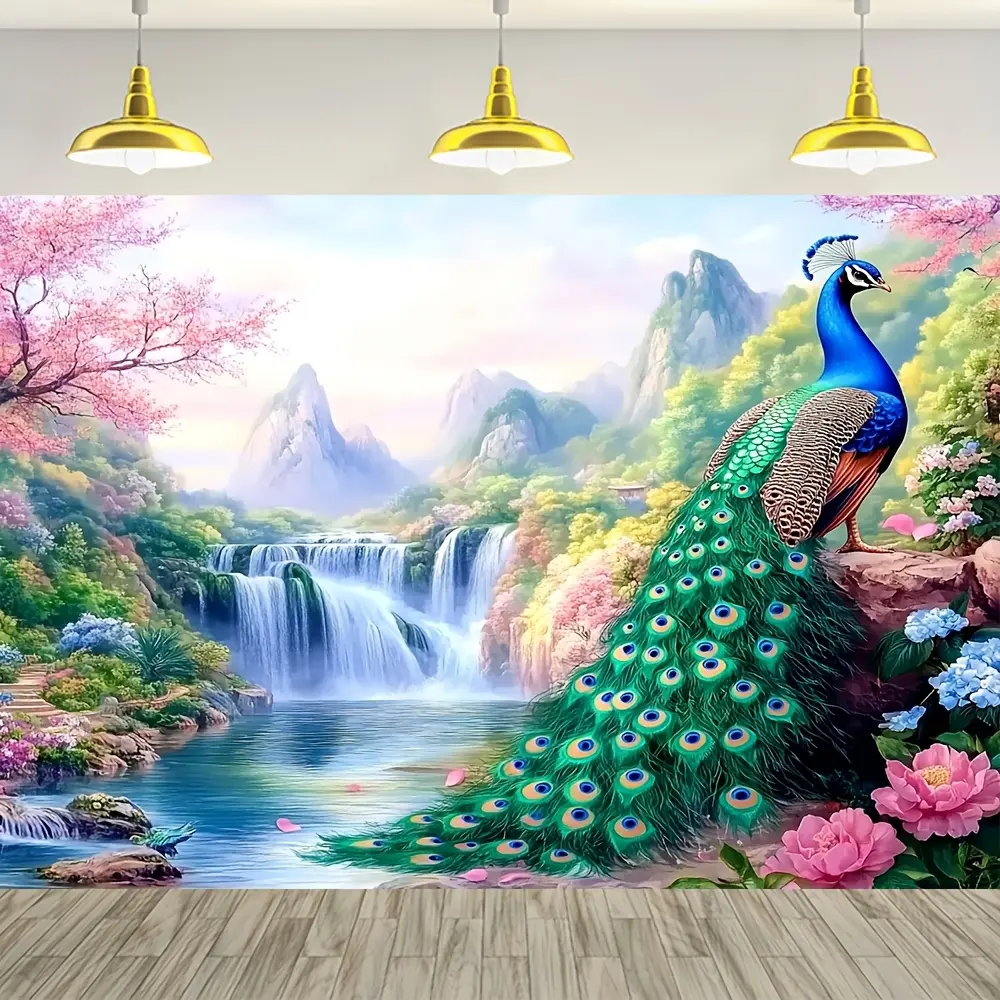 1pc 60in x 40in Rustic Polyester Peacock & Waterfall Scenery Backdrop, Durable Fairyland Animals Background Cloth for Outdoors, Yd & Garden, No Electricity Needed, Versatile Occasions Tapestry
