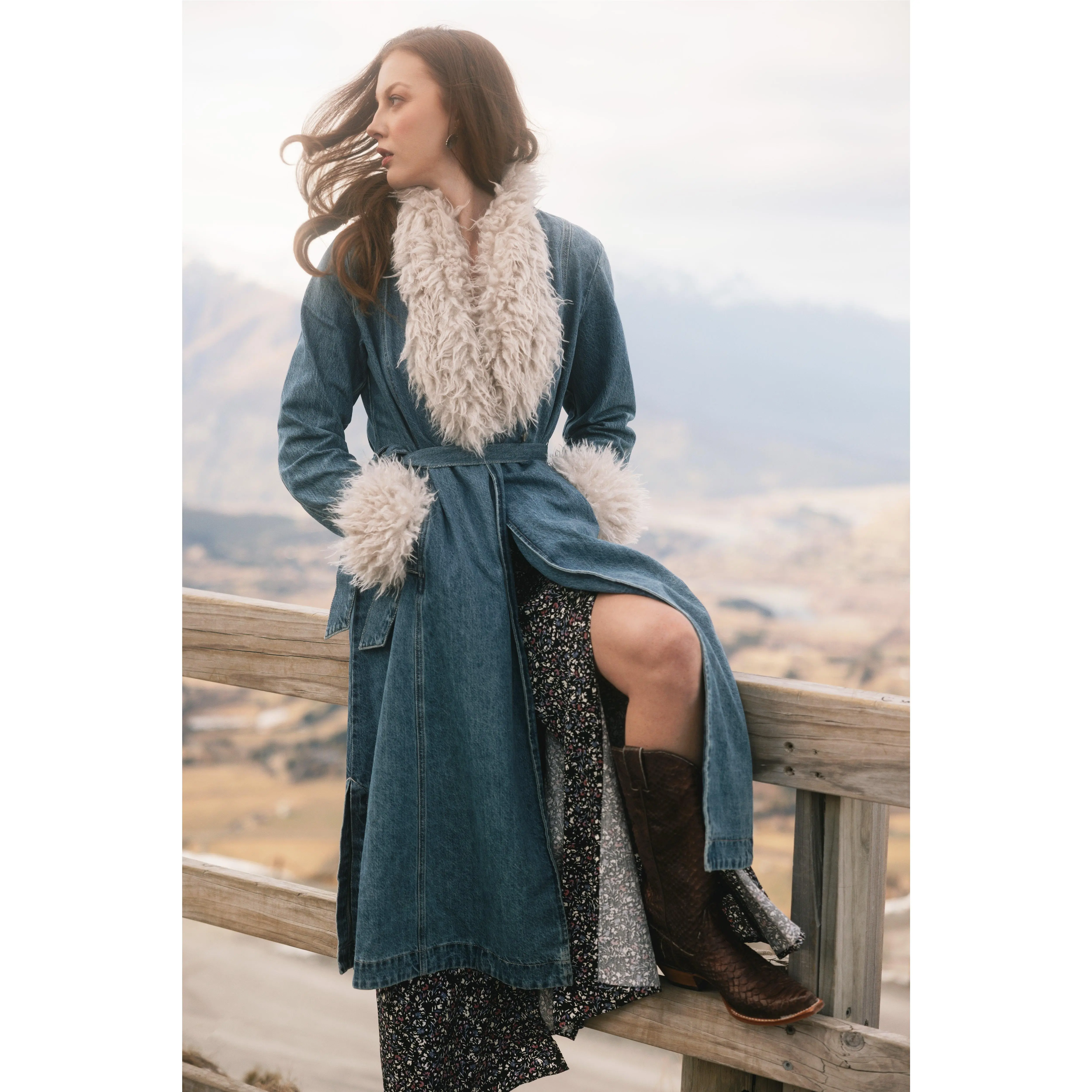 Thistle Long Denim Fur Collar Trench Coat Idyllwind