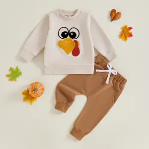 Baby Boy/Girl Thanksgiving Outfit Set, Turkey Graphic Sweatshirt & Brown Jogger Pants 2-Piece, Cute Casual Loungewear for Newborn Infant Toddler Holiday Wear