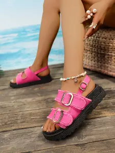 Summer women's retro open toed thick soled fashionable sandals, available in multiple colors with double button sandals, Double Strap Sandals, comfortable and full of design sense, suitable for casual wear, anti slip thick soled beach shoes.