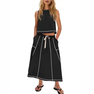 Skirt cotton and linen set two-piece 2026 new European and American summer vacation sleeveless vest