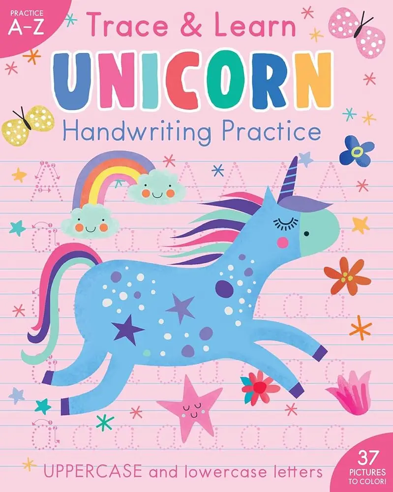 iSeek Unicorn-Themed Fantasy Art Paper Handwriting Practice Activity Book, 96 Pages, A-Z Letter Learning, Dexterity Building Tool for School & Educational Office Stationery (Unicorns, Express Creativity, Coloring Fun)