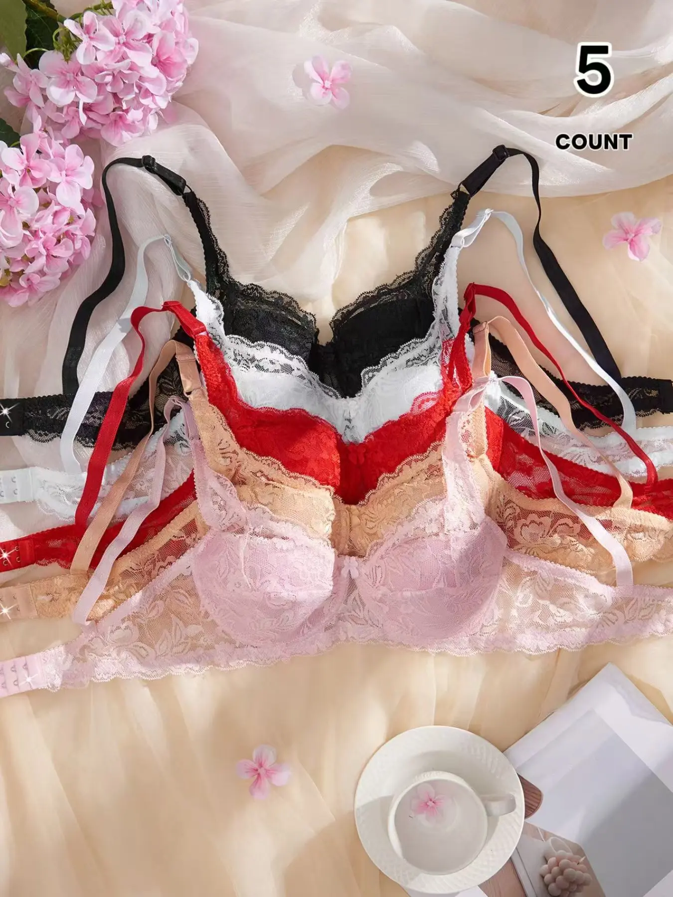 Women's 5-Piece Feminine Thin Lace Lined Everyday Bra Set, Floral Lace Bras, Sexy Floral Lingerie Underwear Collection, Designed for Women, Comfortable and Stylish