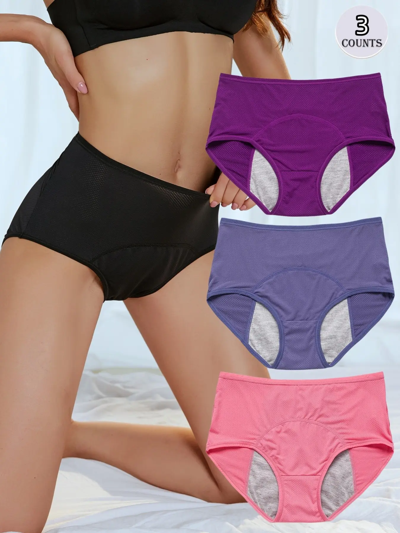 3-Pack Women's Solid Mid-Waist Period Underwear, Body Shaping Panties, Comfortable Breathable Mesh Leak-Proof Design, Suitable for All Seasons, Daily Wear & Travel