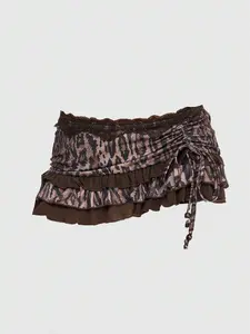 SHANIAH Grunge Punk Spring Break Concert Festival Rave Vintage Sexy Low-Waist Leopard Print Lace Trim Tiered Ruffle Tie-Up Bowknot Ruched Skirt