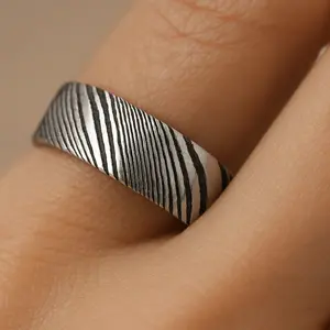 Black Ring, Men's Wedding Band, 8mm, Engagement Band, Black And Silver Ring, Zebra Wedding Ring, Damascus Steel Ring, Tungsten Zebra Design Ring, Wavy Grooves