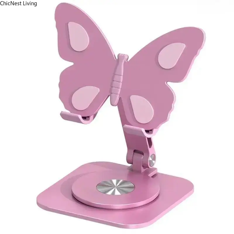 Butterfly Design Aluminium Alloy Mobile Phone Mount - 360° Rotatable, Foldable, Adjustable Stand with Anti-Slip Sturdy Support for Smartphones, Tablets, Desk Home Use Fashion Accessory with Light Up LED Swing Hammock Chair & Unique Donut Element