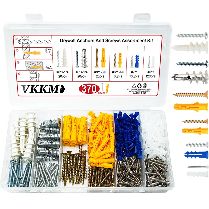 VKKM 370Pcs Multi-Size Drywall Anchors and Screws Assortment Kit - 5-Size Anti-Rust Galvanized Flat Head Wood Screws with Nylon Plastic Anchors for Concrete, Brick, Wall Decor Hanging, Wall Art