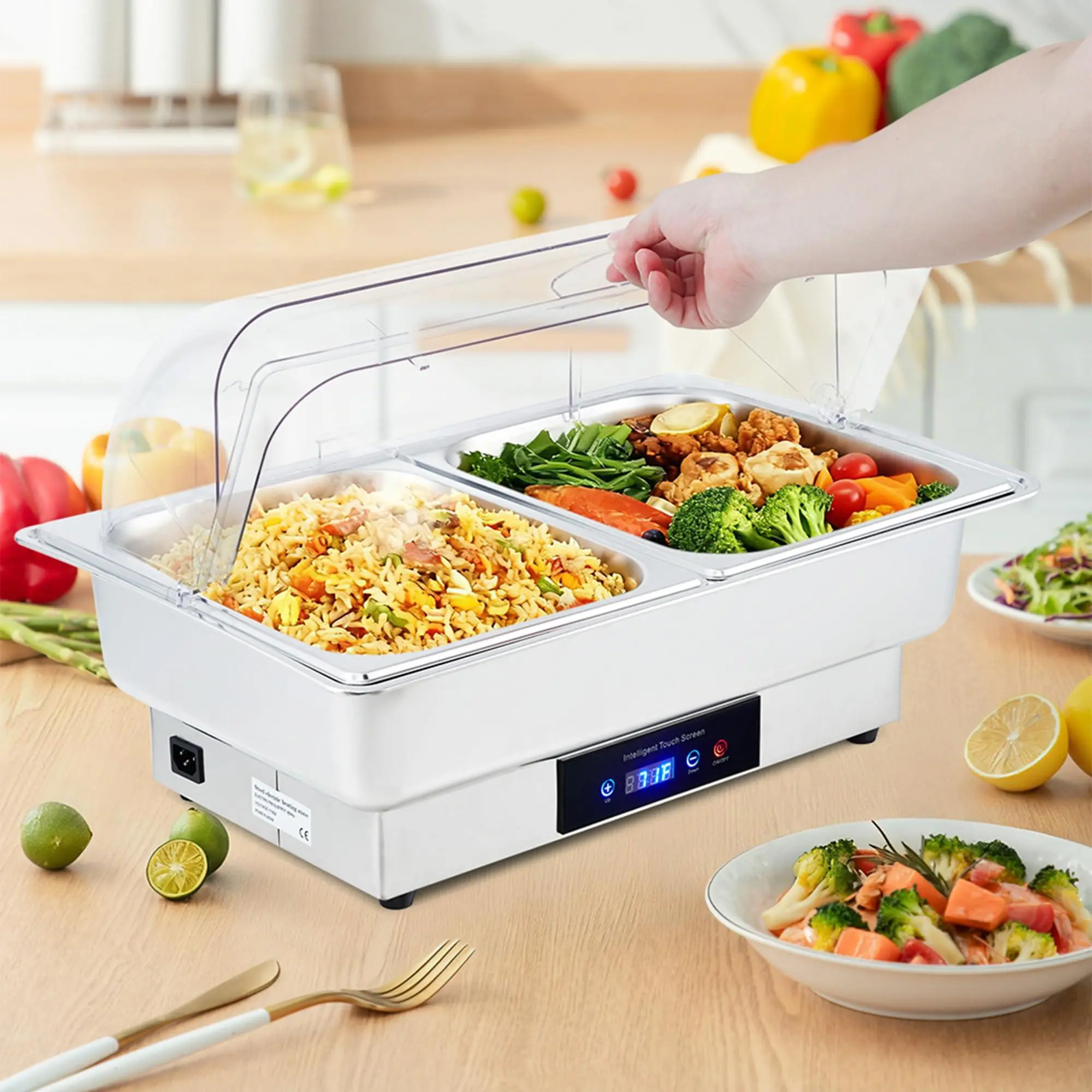 Electric Chafing Dish Buffet Warmer, 600W 110V Stainless Steel Food Warmer with Clear 90° Roll Top Lid, Touch Screen Temp Control 68-185°f, 9QT 1/2-Size Pan, for Catering Parties Restaurant