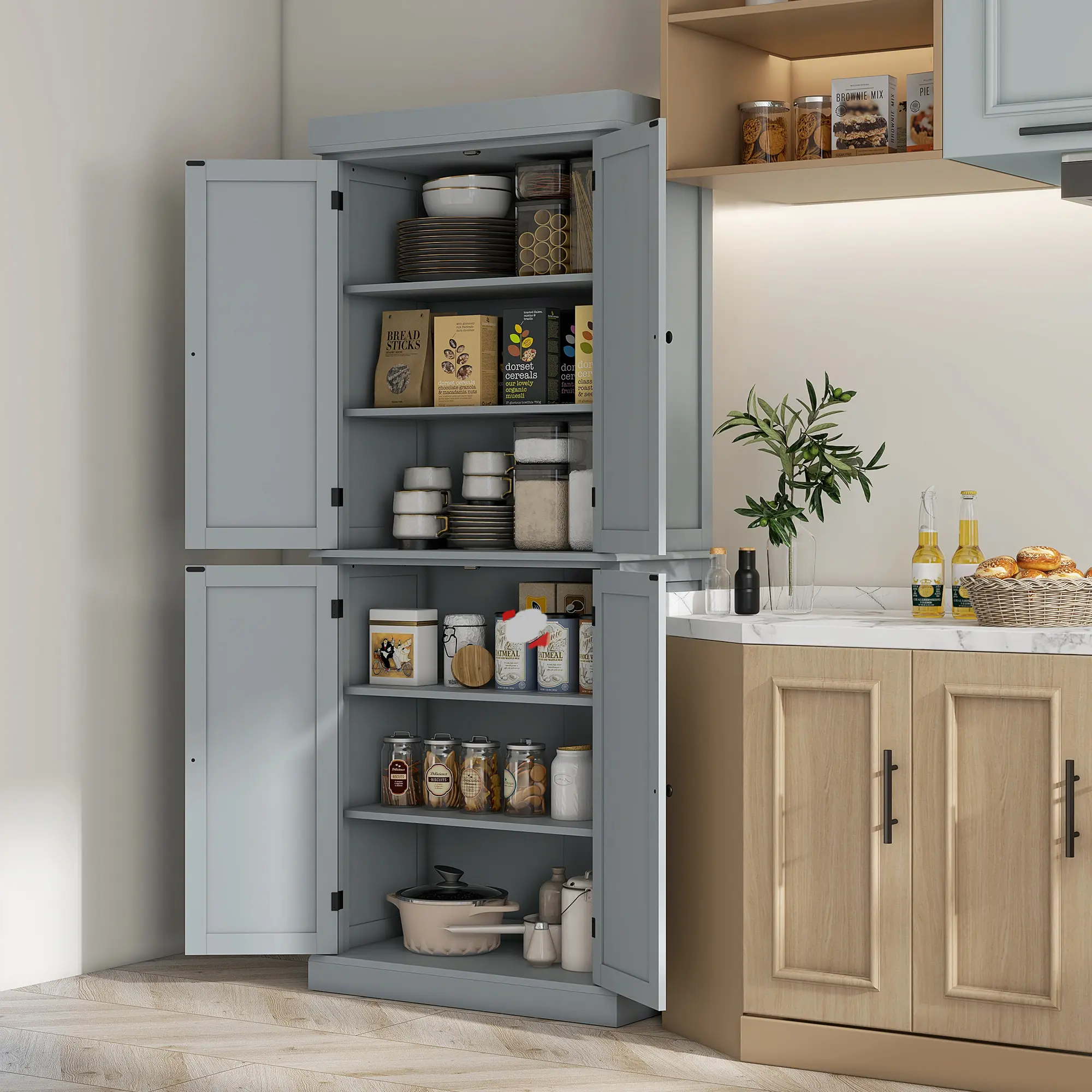 Gray 6-Tier Kitchen Storage Cabinet - Shaker-Style Pantry with Adjustable Shelves, Magnetic Doors & Anti-Tipping Hardware, Multi-Use for Kitchen/Living Room