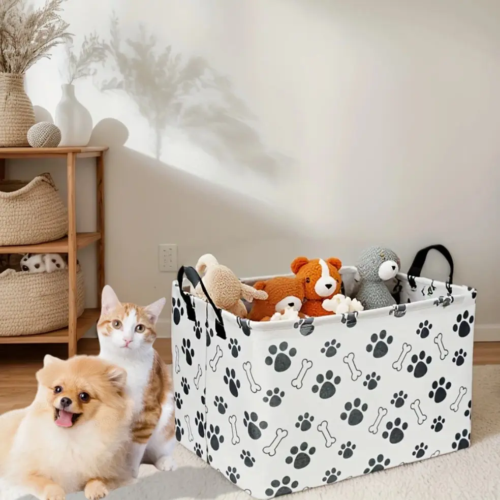 Foldable Storage Basket with Handles, Paw Print Design, Durable Polyester Organizer Bin, Home Decor, Decorative Storage Basket, Pet Storage Basket, Collapsible Organizers, Collapsible Storage Baskets