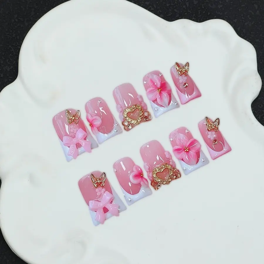 10 square handmade nail tips, Y2K Baddie style, 3D, heart-shaped, embossed, carved, hand-painted design, nail art patches, Diy Nails Art, Manicure Nail Art, pink, suitable for dating, daily wear, including tool kit