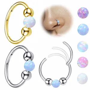 Unisex Small Round Hoop Nose Rings - Cartilage Earring, Septum Pierced Ring with Gold, Silver, Opal Beads - Fashion Body Jewelry Accessories, Nose Rings Hoops
