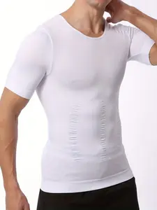 1 Count Men's Short Sleeve Shapewear Top, Workout Shapewear, Tummy Control Compression Vest, Solid Color Soft Skin Friendly Body Shaper Shirts, Targeted Torso Smoothing & Muscle Support Comfortable Stretch Fabric Tee, Suitable For Training Or Sports