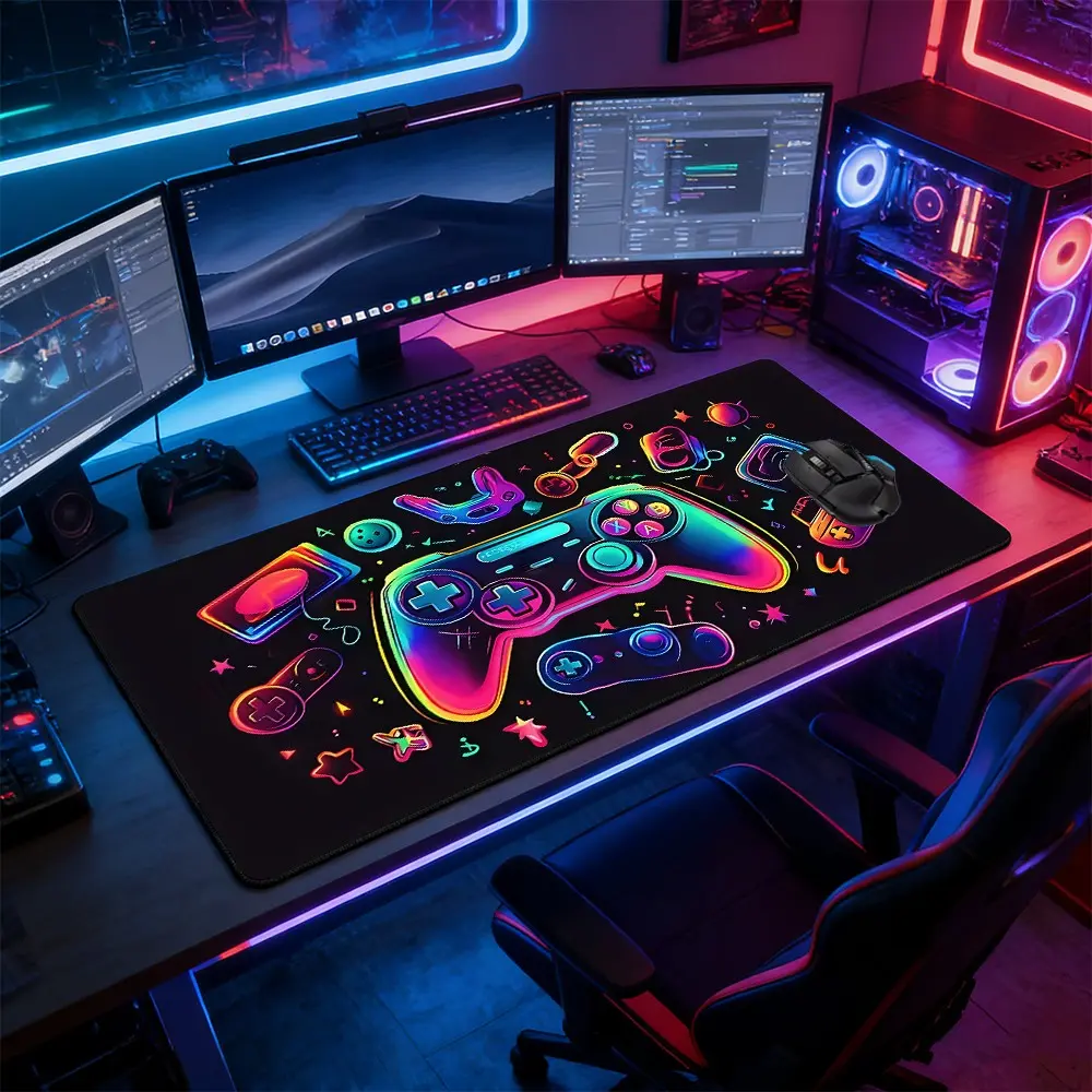 Neon Game Controller Graffiti Gaming Mouse Pad, Gaming Room Accessories, Non-Slip Rubber Base Stitched Lock Edge Desk Mat, RGB Aesthetic Design Desk Pad, for Home Office & Gaming Setup, Non Slip Mousepad, Computer Mouse Pad