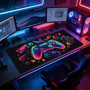 Neon Game Controller Graffiti Large Extended Gaming Mouse Pad, Non-Slip Rubber Base Stitched Lock Edge Desk Mat, RGB Aesthetic Design Desk Pad, Durable Computer Accessory for Home Office & Gaming Setup, Made for Gaming, Non Slip Mousepad