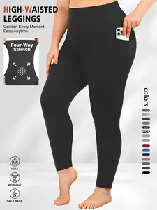 Plus Size Solid High Waist Sports Comfy Gym Workout Leggings with Pocket, Summer Outfits, Casual High Stretch Skinny Pants for Women, Soft Comfortable Women's Bottoms for All Seasons, Stretchy Workout Leggings