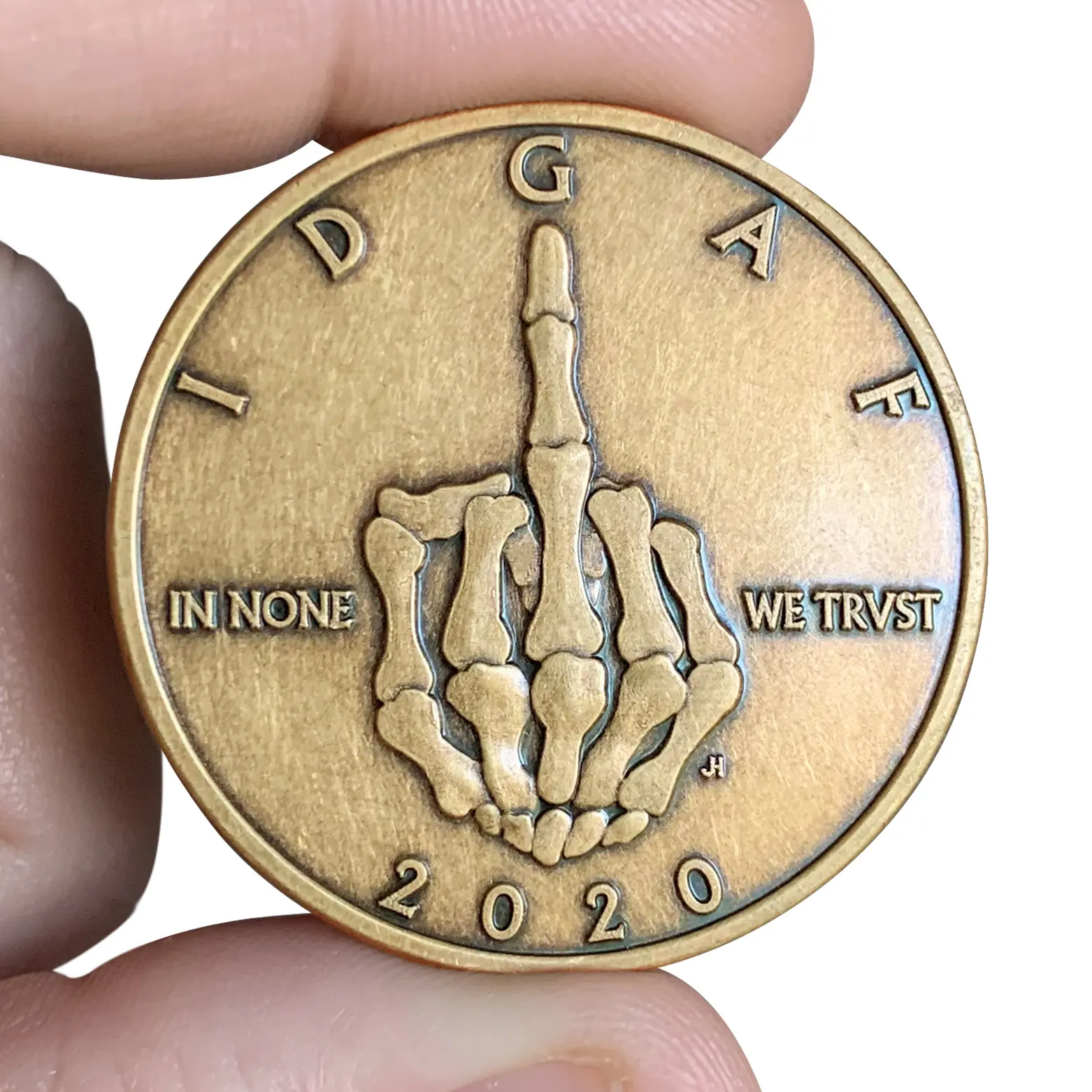 ZFG INC. IDGAF Reminder Coin - Large Heavyweight 1oz Challenge Coin with Skeleton Middle Finger Design & "In None We Trust" Inscription