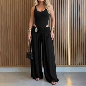 CHICME Women's 2 Piece Outfits Rhinestone Slim Fit Bodysuit High Waist Ruched Sleeveless Wide Leg Pants Set