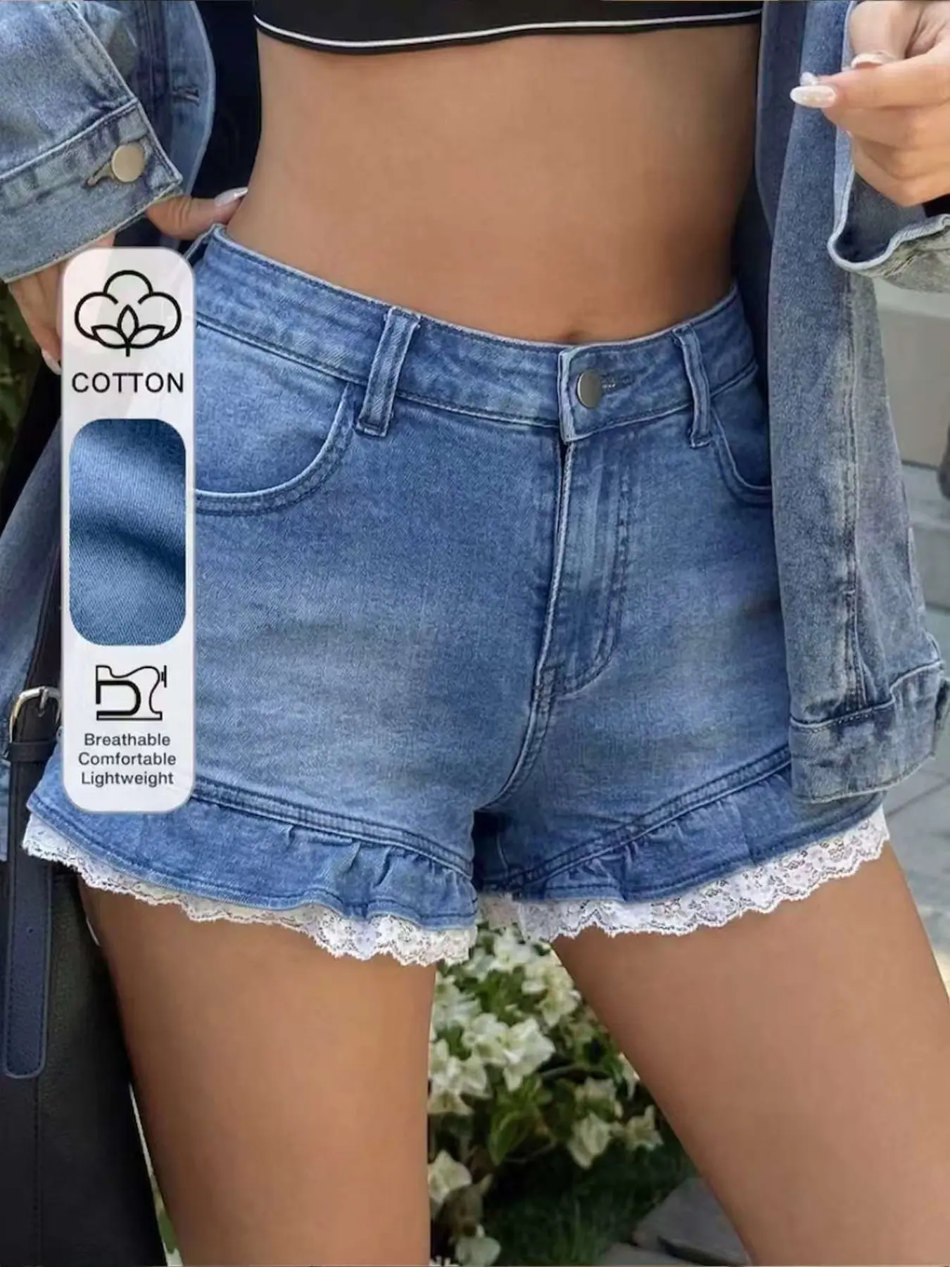 Women's Fashion Washed Soft Denim Shorts, Hem Ruffle, Patchwork Lace Design, Cute, Comfortable Fit, Home & Leisure, Trendy Event, Festival Jean Shorts, 2026ss