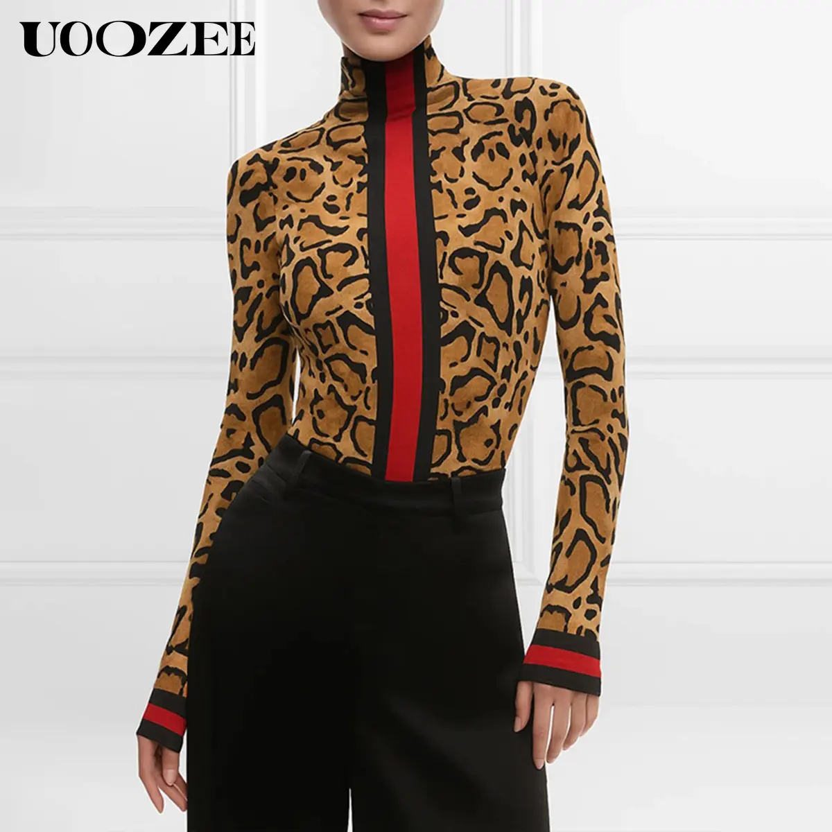 UOOZEE Women's High Neck Blouse, Retro Leopard Print Long Sleeve Top with Striped Contrast, Skinny Fit Casual Spandex for Commuting & Dates, Blouses, Long Sleeve Tops, Shirts, Thanksgiving, Animal Print, Easter, Colorblock, Medium Length