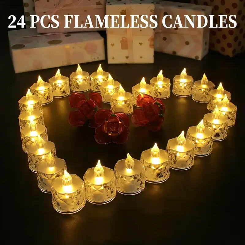 24PCS Bulk Pack Flameless LED Tea Light Decorative Candles - Crystal Glass Votive, Realistic Warm White Flicker, Battery Operated (Batteries Required), Fast Switch On/Off, Safe Mood Lighting LED Lights for Christmas Home Decor, Wedding Gifts