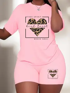 【Plus Size】 Patchwork Heart Print Short Sleeve Tee & Shorts Set, Casual Round Neck T-shirt & Skinny Shorts, Women's Summer Clothes for Daily Wear, Matching Clothing Set, Lounge Shorts Set, Suits