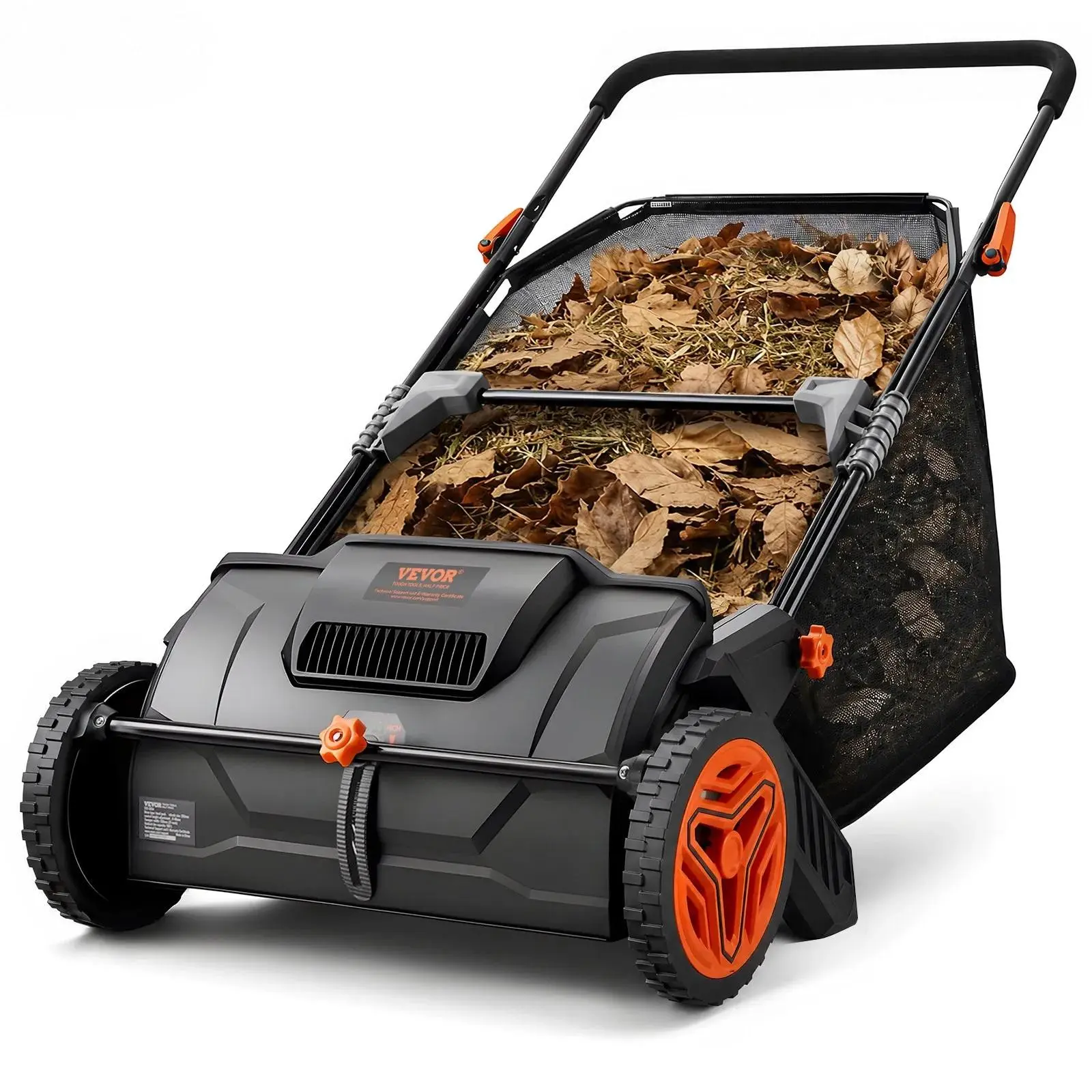 VEVOR 21 In Push Lawn Sweeper Leaf & Grass Collector Tool with 3.5 cu. ft. Non-Woven Mesh Hopper Bag, 2 Spinning Brushes, Strong Rubber Wheels, Adjustable Handle, Height-Adjustable Design - Ideal for Driveways/Yards Cleanup, Dad Gift, Hang Wall Storage